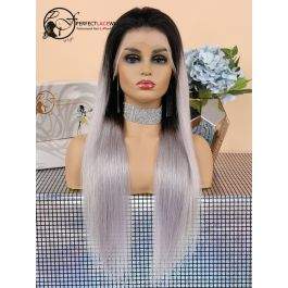 Pre Plucked Bleached Knots Silky Straight Ombre Platinum Grey Color Brazilian Virgin Hair Lace Front Wig [LFW04]