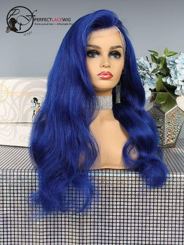 Pre Plucked Brazilian Virgin Human Hair Body Wave Ombre Color Dark Blue 360 Lace Wig