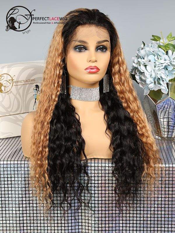 Pre plucked loose curly ombre blonde 1B27 360 lace wig human hair for black women