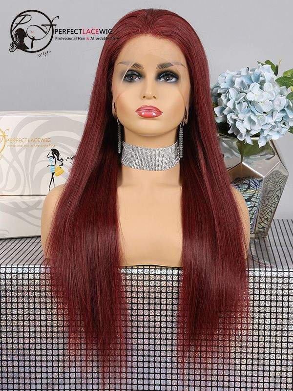 Silky Straight 99J Color Lace Front Wigs Brazilian Virgin Hair Wigs With Baby Hair