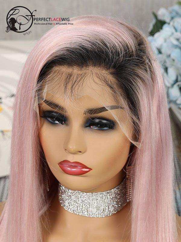 Silky Straight Black To Pink Ombre Human Hair Lace Front Wig display picture 2